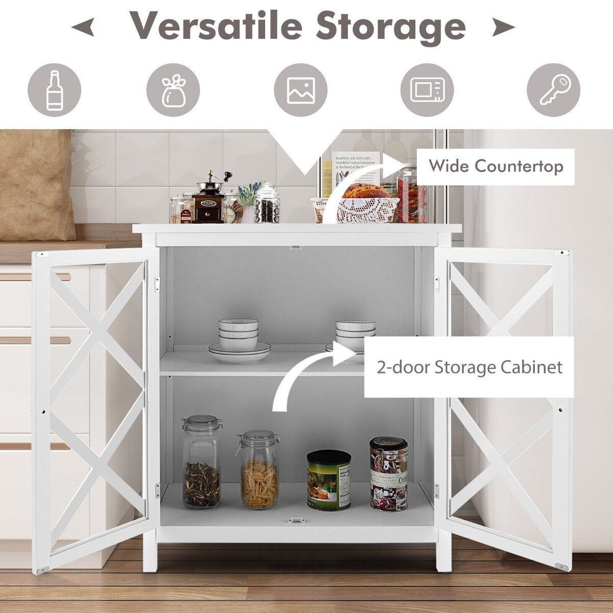 Modern Wooden Storage Cabinet with Adjustable Shelves and 2 Glass Doors-White