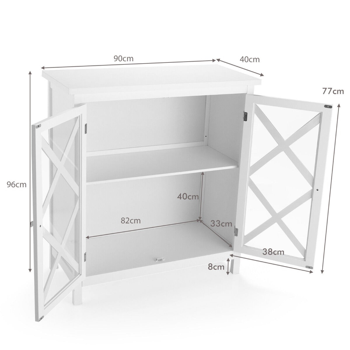 Modern Wooden Storage Cabinet with Adjustable Shelves and 2 Glass Doors-White