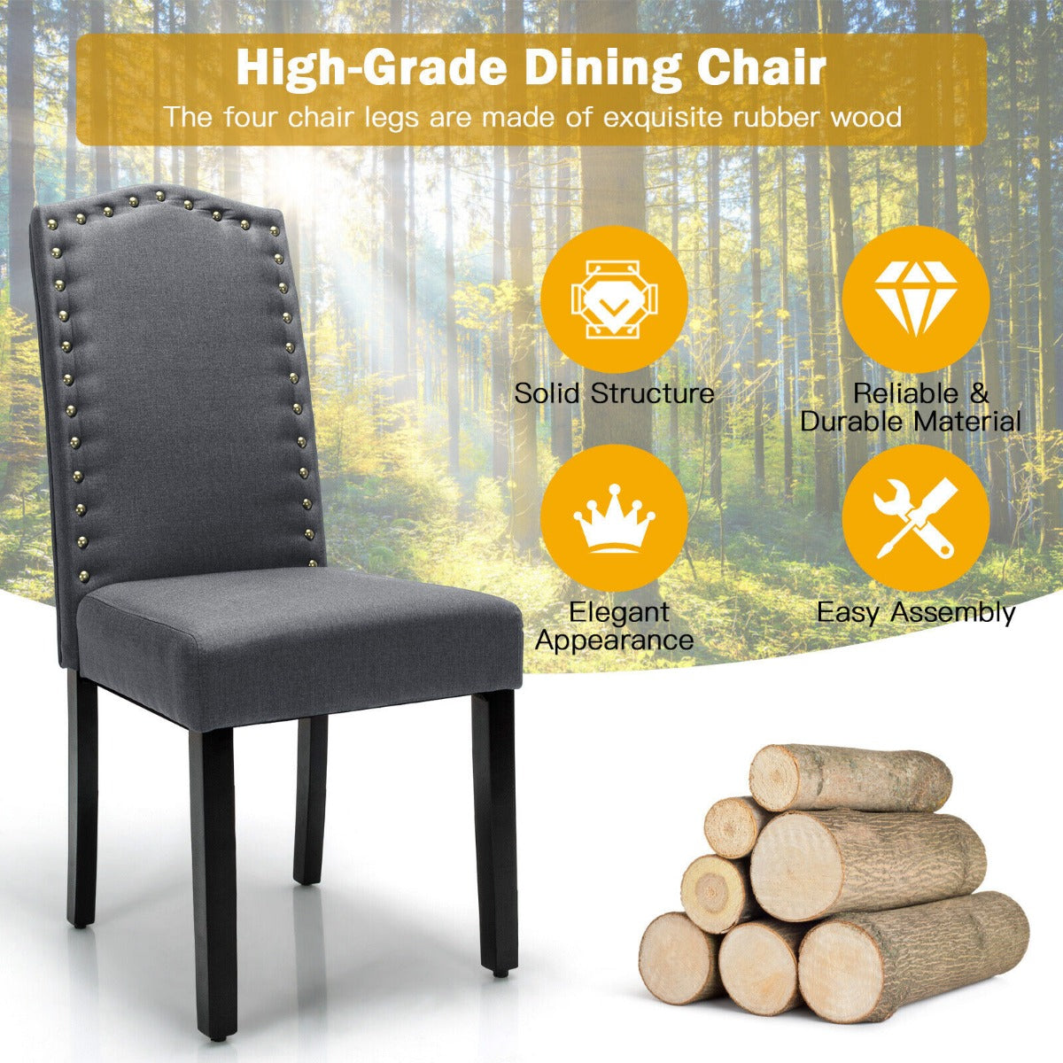 Set of 2 Accent Linen Fabric Upholstered Dining Chair with High Back-Grey