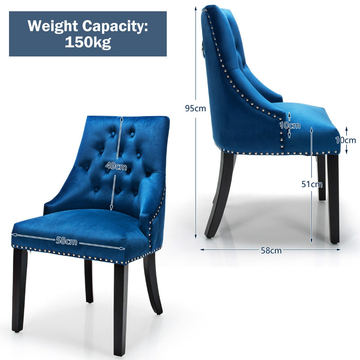 Modern Button-Tufted Velvet Studded Dining Chair with Nail head Trim-Blue