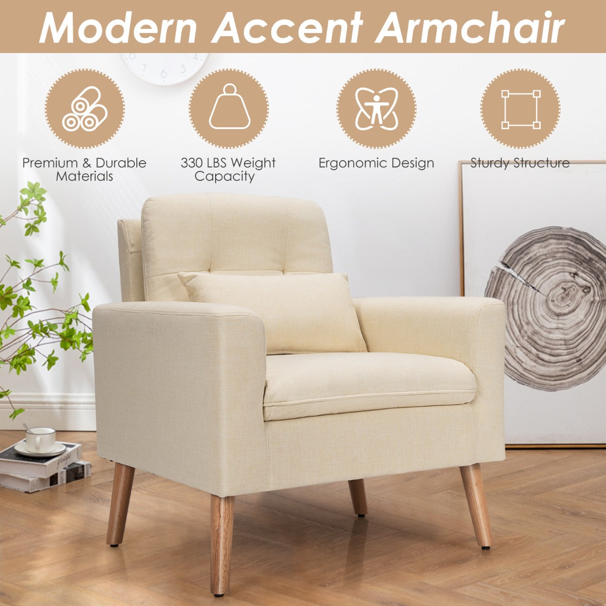Modern Accent Chair with Lumbar Pillow-Beige