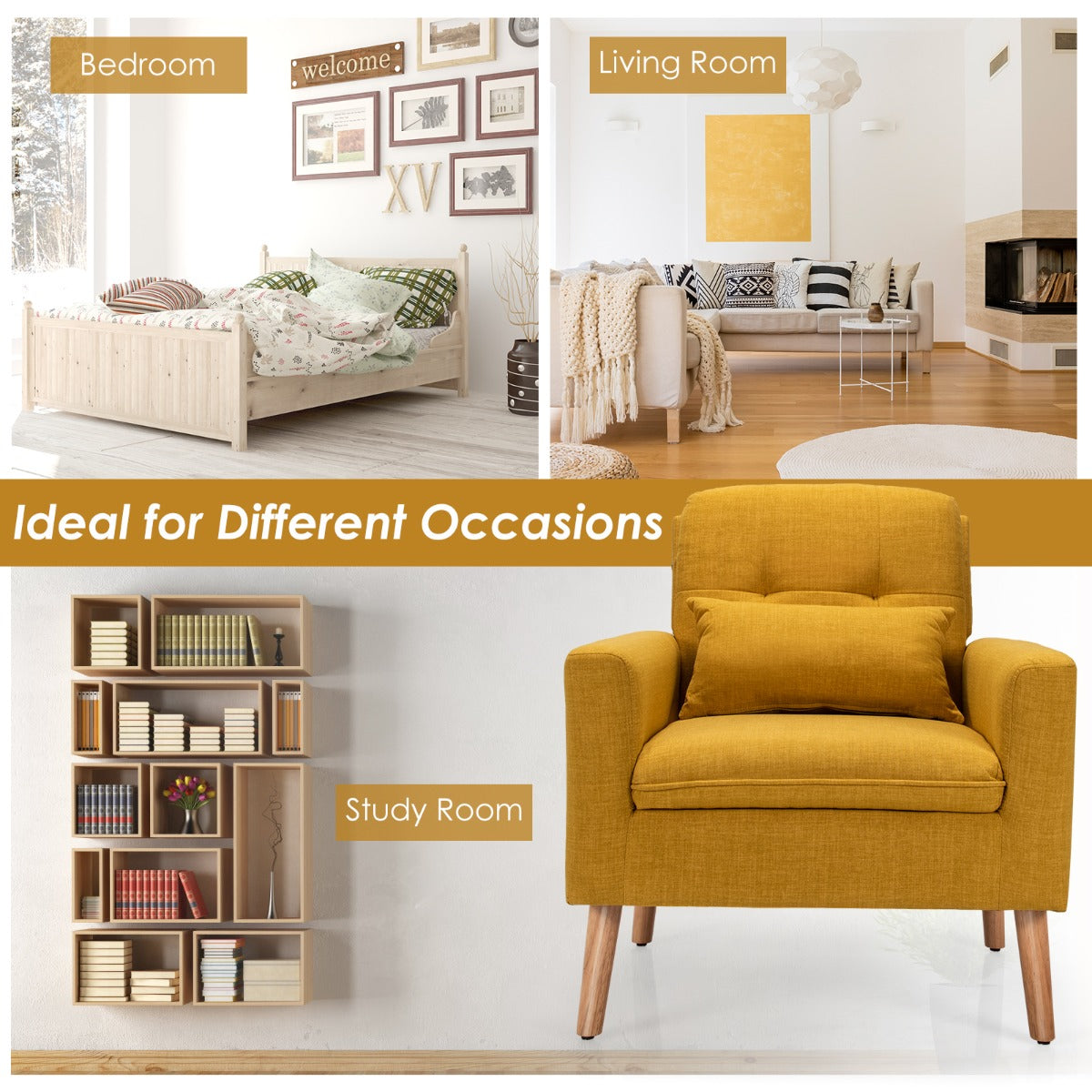 Modern Accent Chair with Lumbar Pillow-Yellow