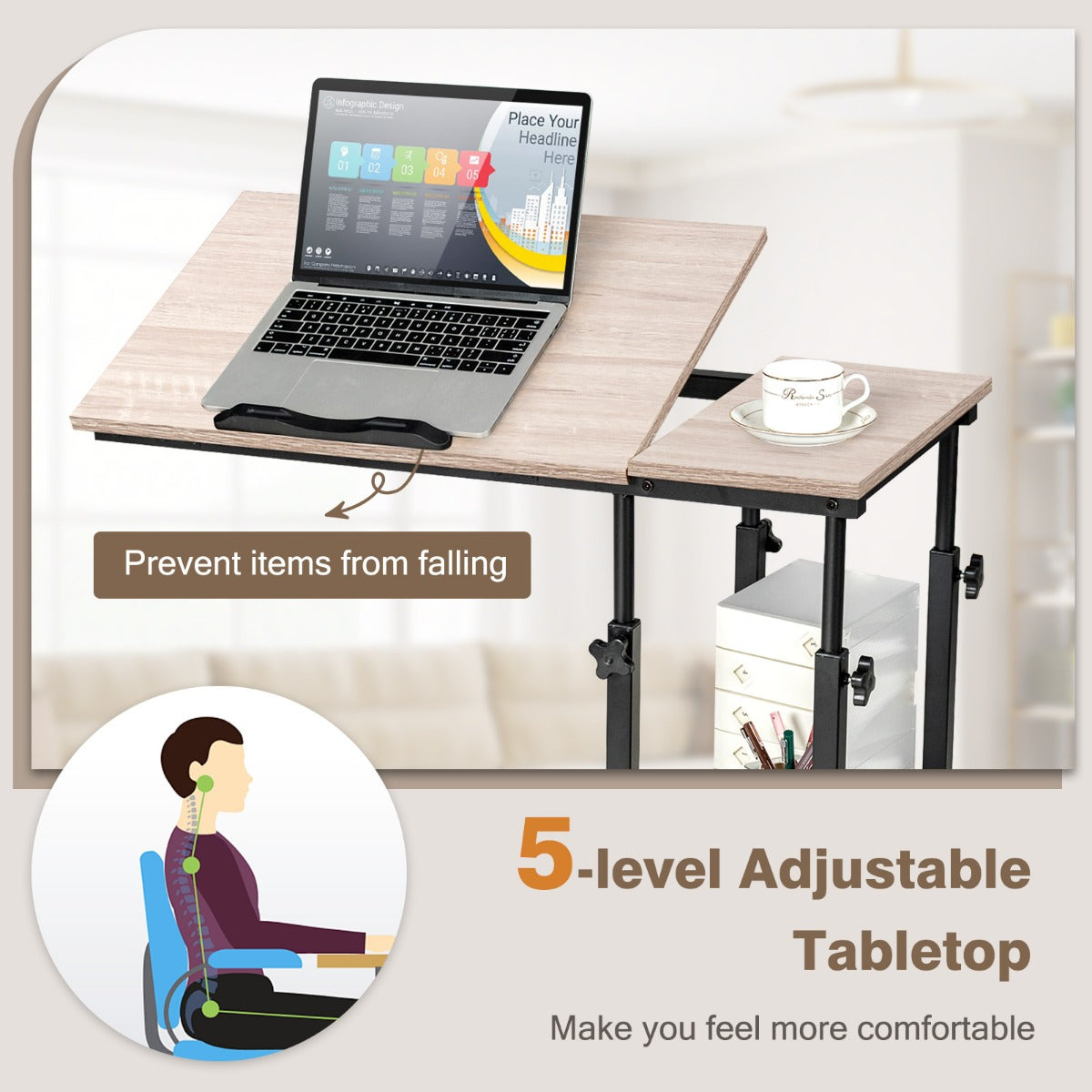 Mobile Couch Side Table with Height Adjustable Storage-Natural