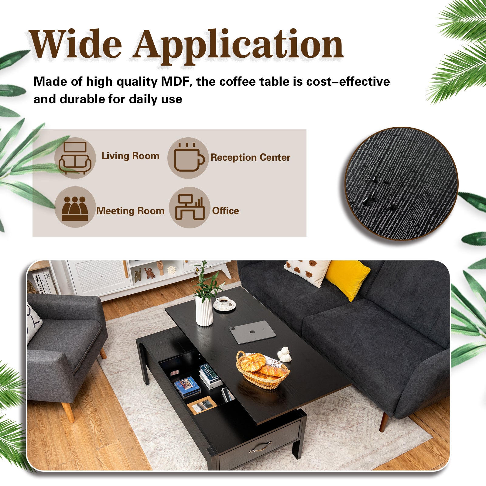 Lift Up Top Coffee Table with Hidden Storage Compartment-Black