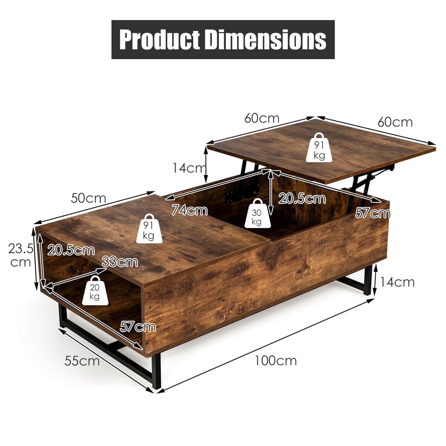 Lift Up ConvertibleTop Coffee Table with Hidden Storage Compartment-Brown
