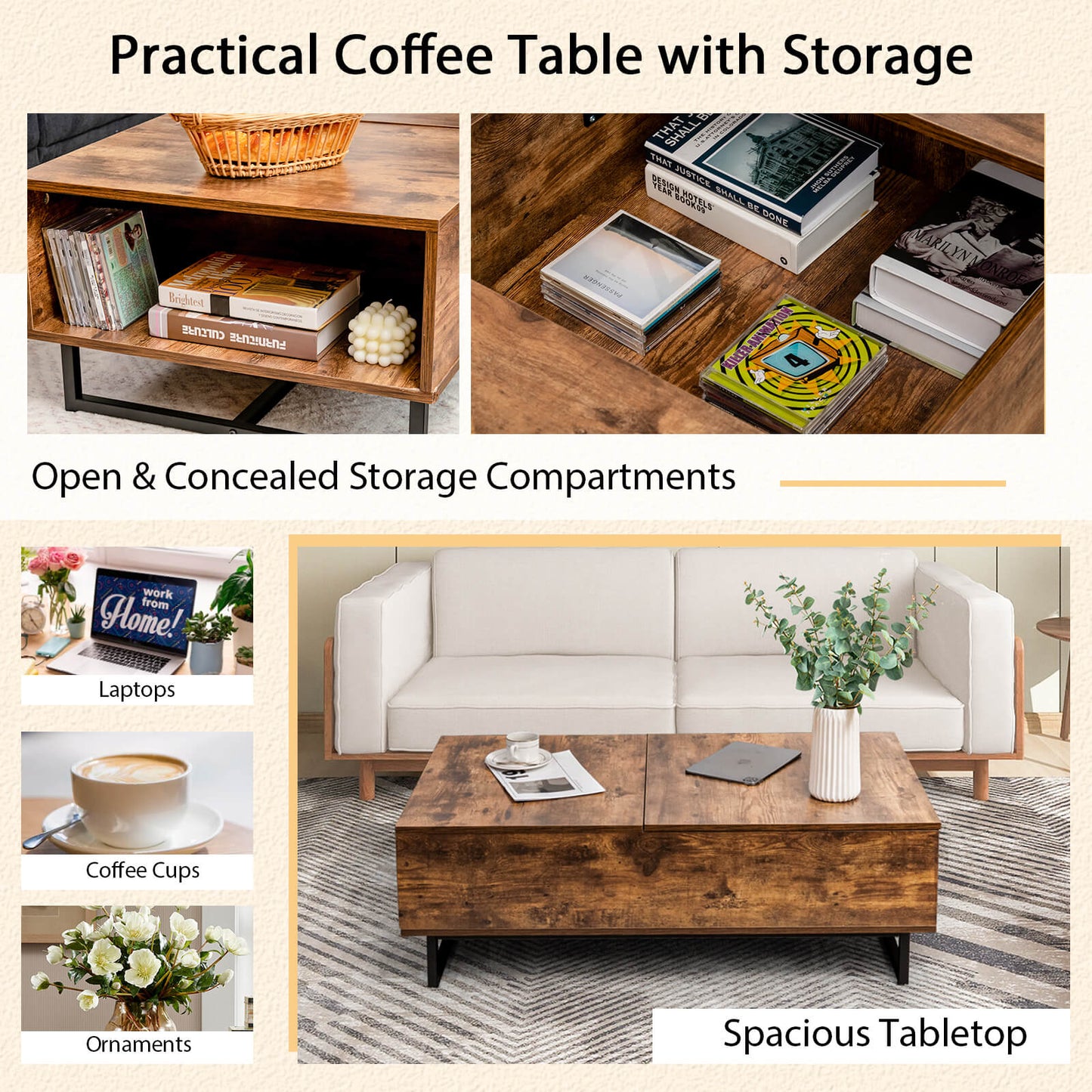 Lift Up ConvertibleTop Coffee Table with Hidden Storage Compartment-Brown