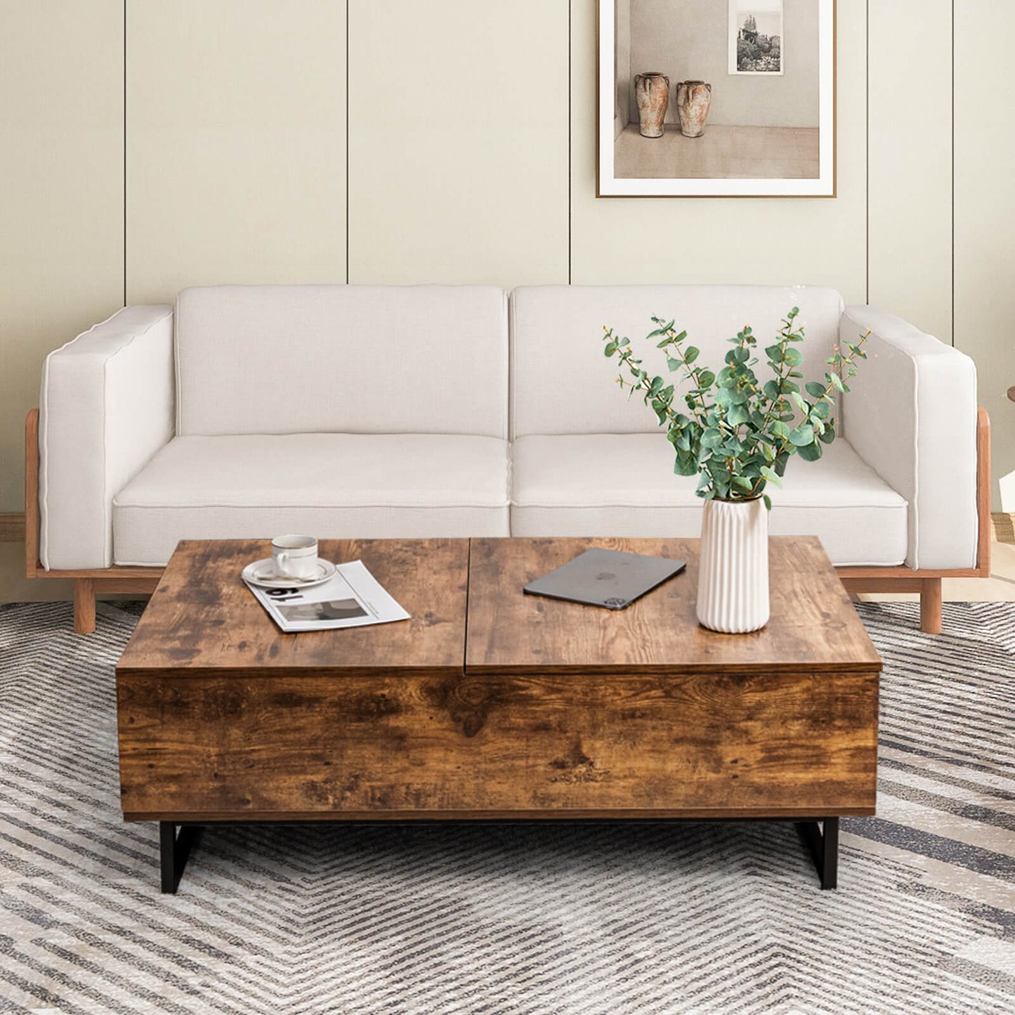 Lift Up ConvertibleTop Coffee Table with Hidden Storage Compartment-Brown
