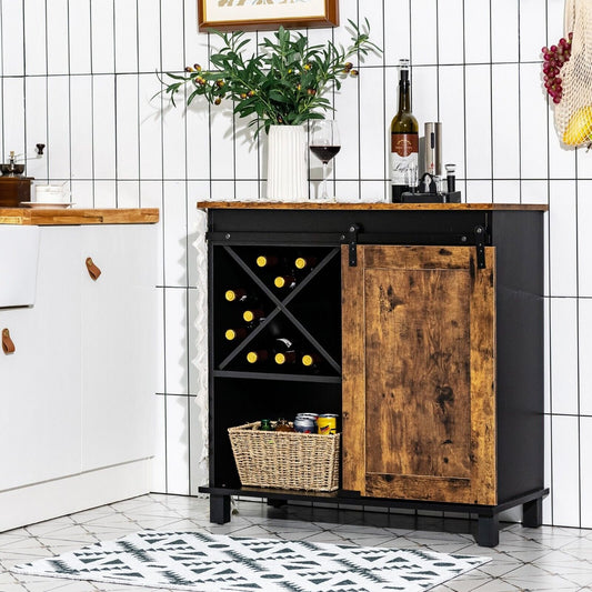 Freestanding Wooden Storage Cabinet with Wine Rack and Sliding Door-Coffee