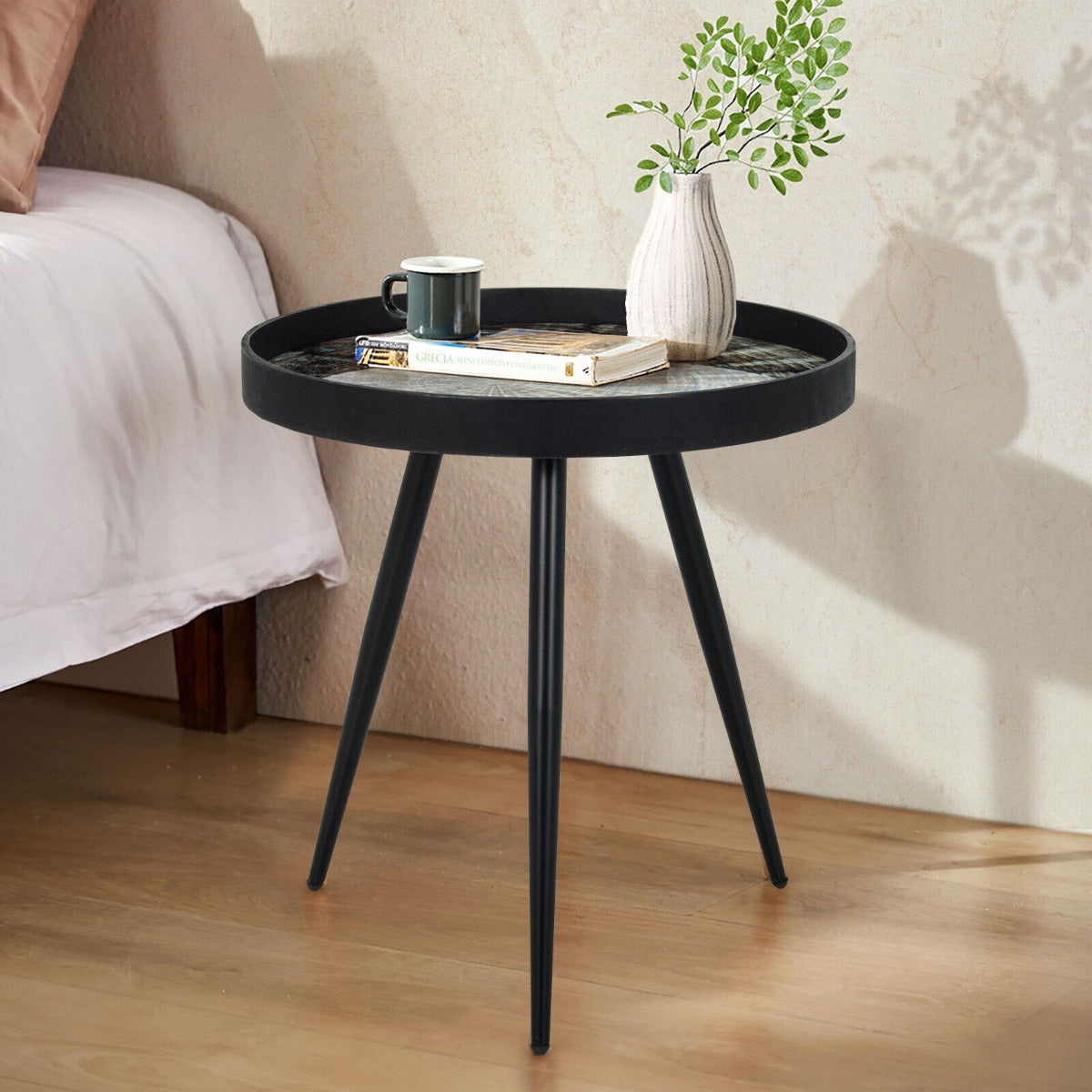 Modern Round Coffee Table with Wooden Tray Top and Steel Legs-Black