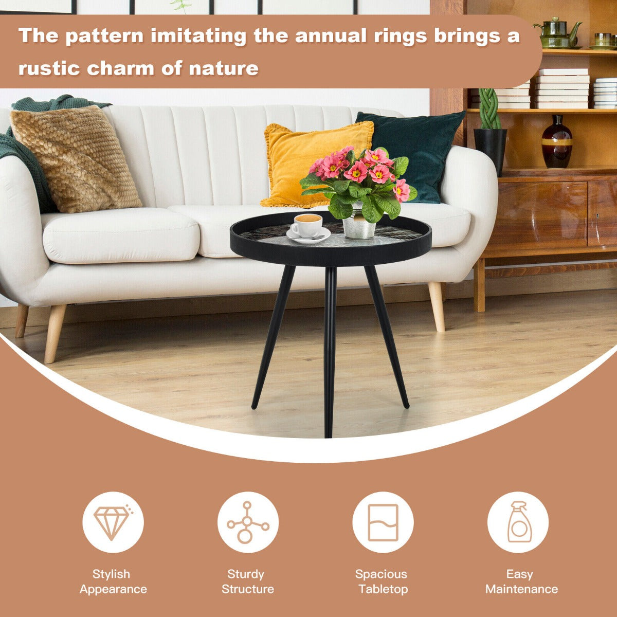 Modern Round Coffee Table with Wooden Tray Top and Steel Legs-Black