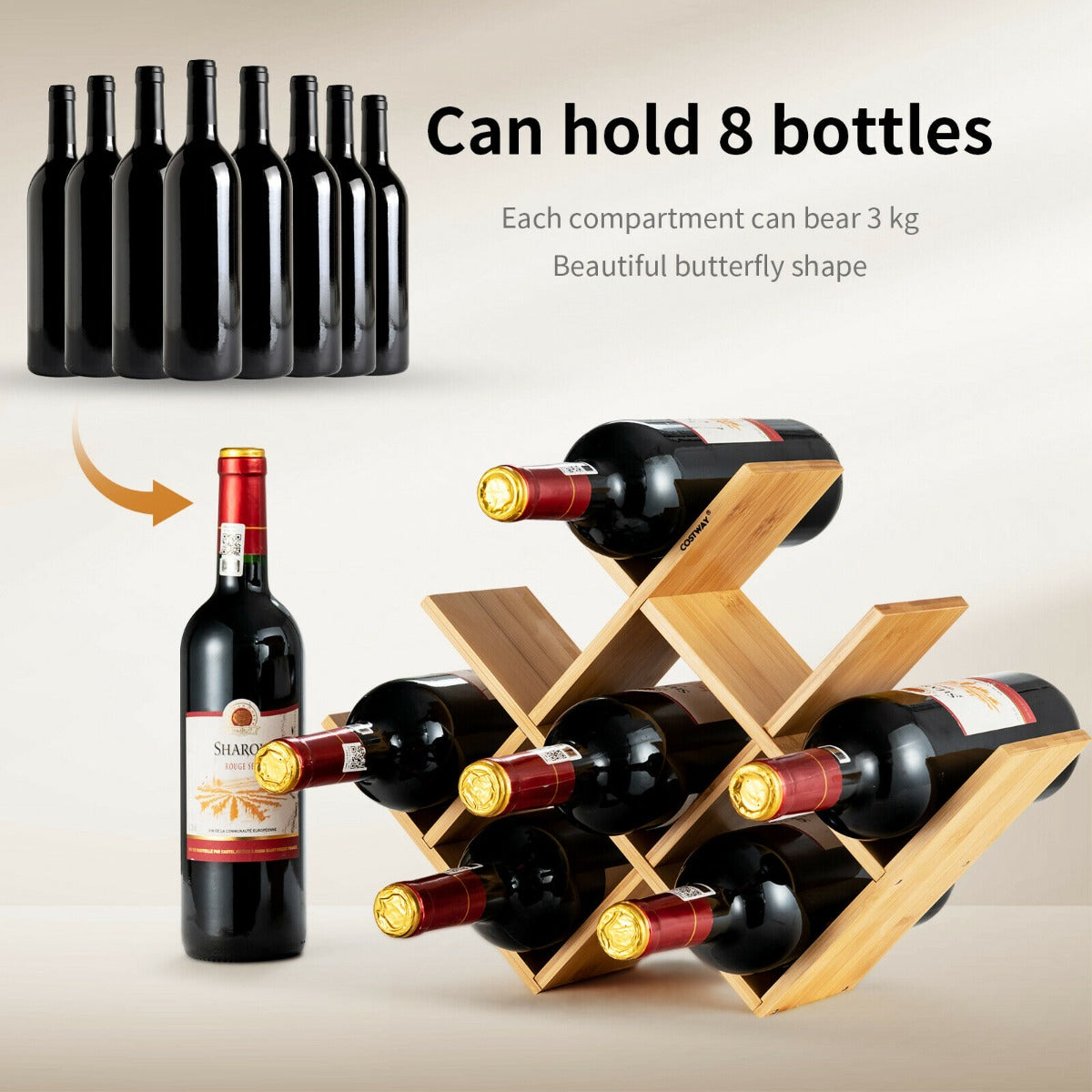 8-Bottle Bamboo Wine Rack with Odorless Painting for Home and Bar