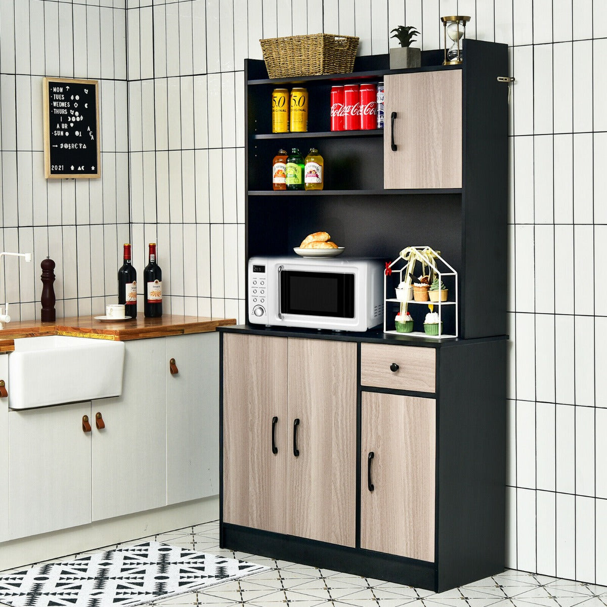 tall Kitchen Cupboard with Adjustable Shelves and drawers-Black
