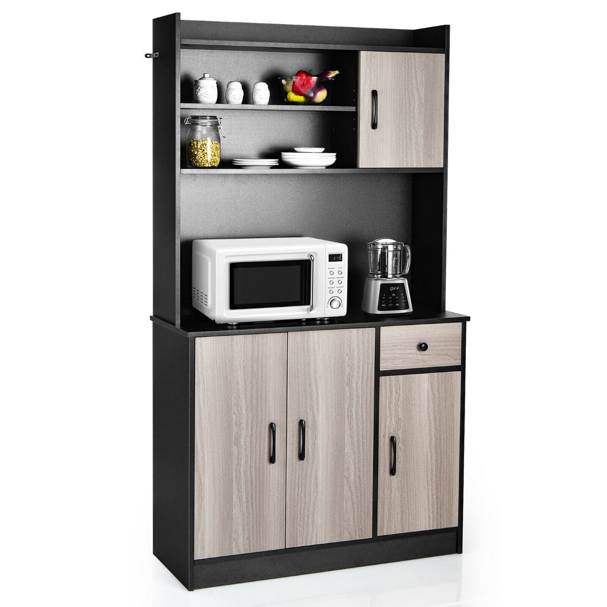 tall Kitchen Cupboard with Adjustable Shelves and drawers-Black
