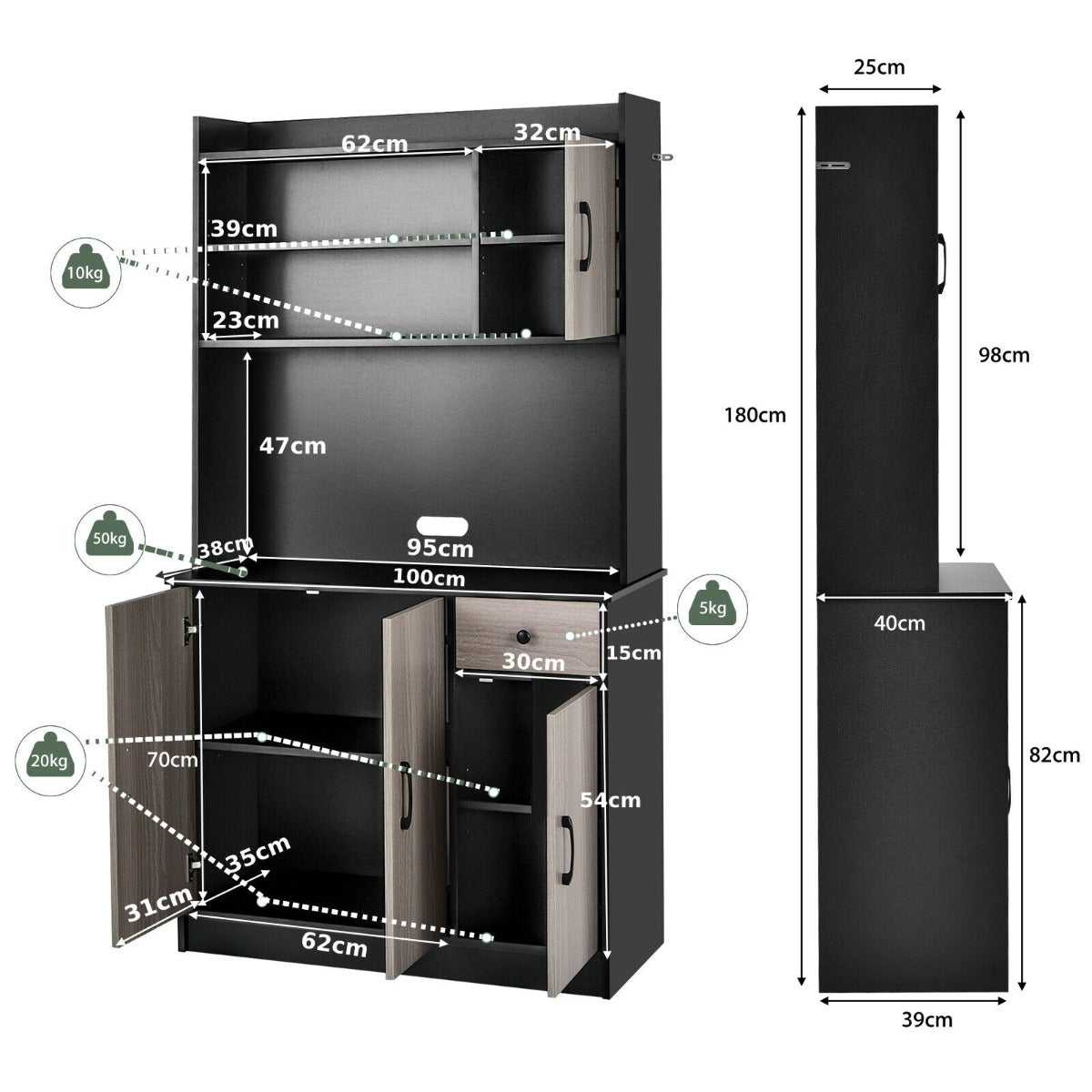 tall Kitchen Cupboard with Adjustable Shelves and drawers-Black
