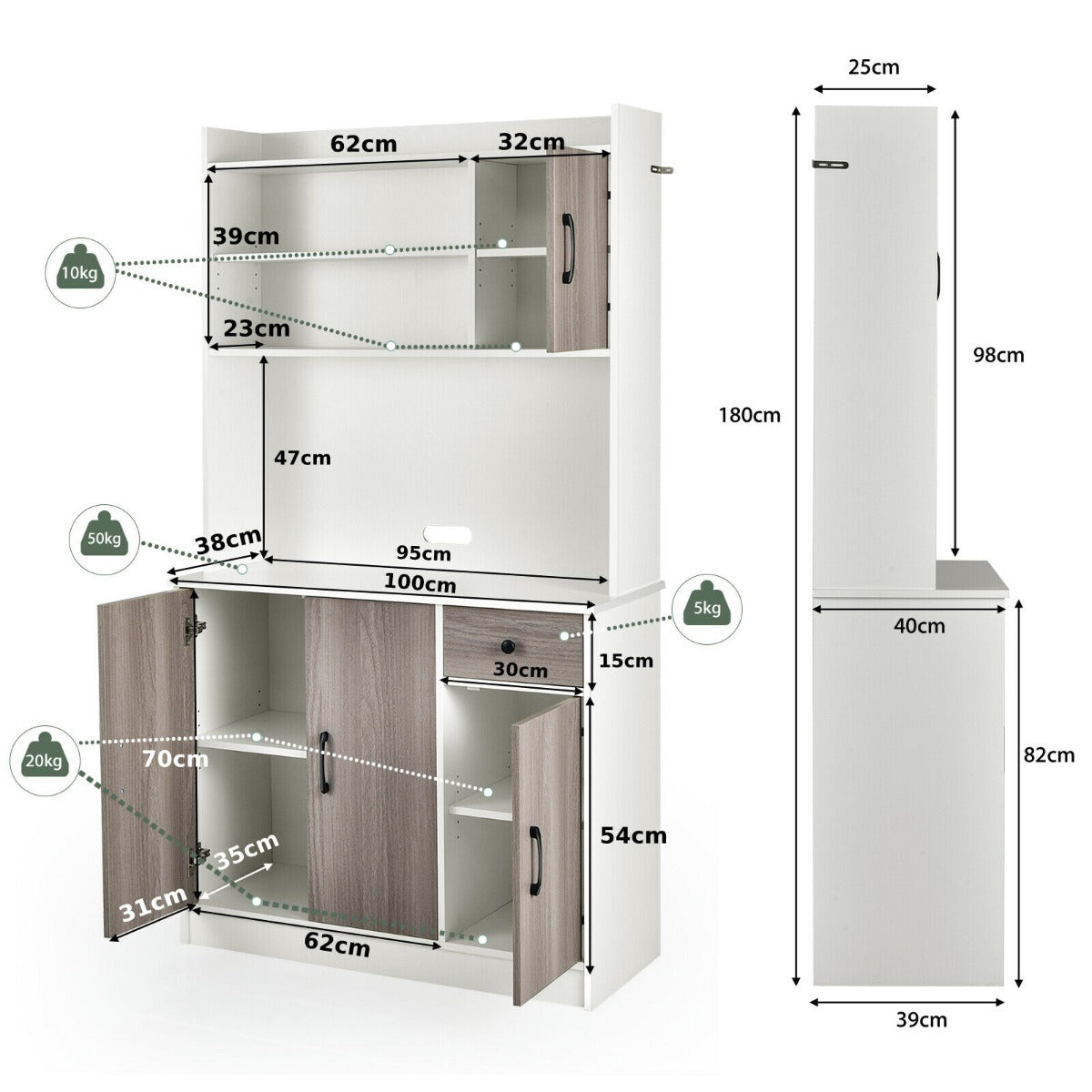 tall Kitchen Cupboard with Adjustable Shelves and drawers-White