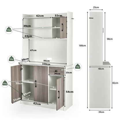 tall Kitchen Cupboard with Adjustable Shelves and drawers-White