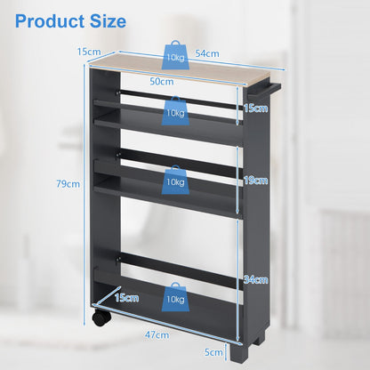 4-Tier Slim Rolling Storage Trolley with Handle and Adjustable Shelf-Grey