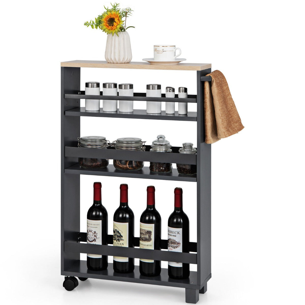 4-Tier Slim Rolling Storage Trolley with Handle and Adjustable Shelf-Grey