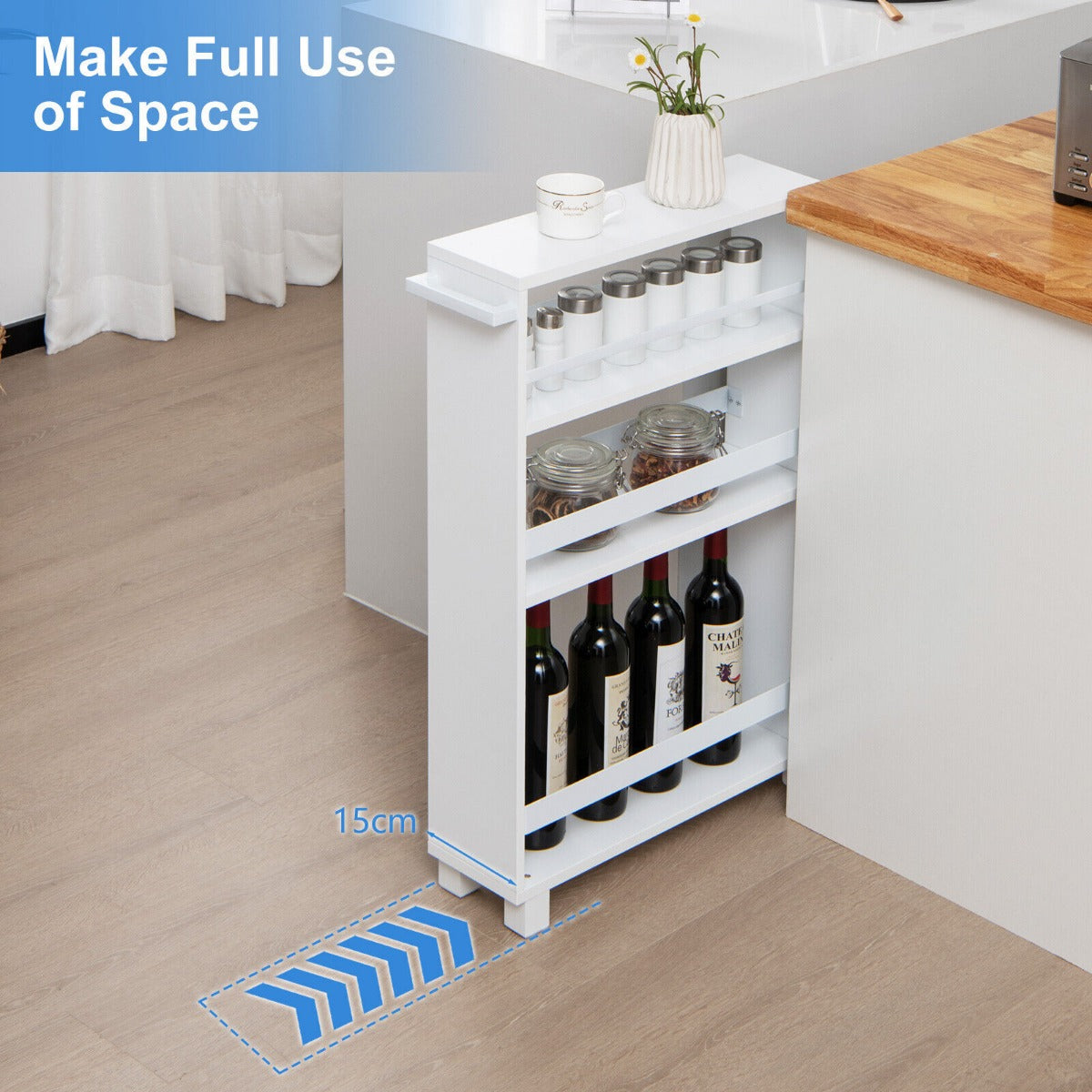 4-Tier Slim Rolling Storage Trolley with Handle and Adjustable Shelf-White