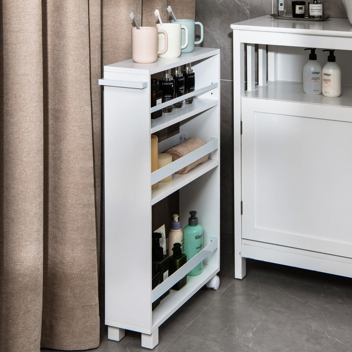 4-Tier Slim Rolling Storage Trolley with Handle and Adjustable Shelf-White