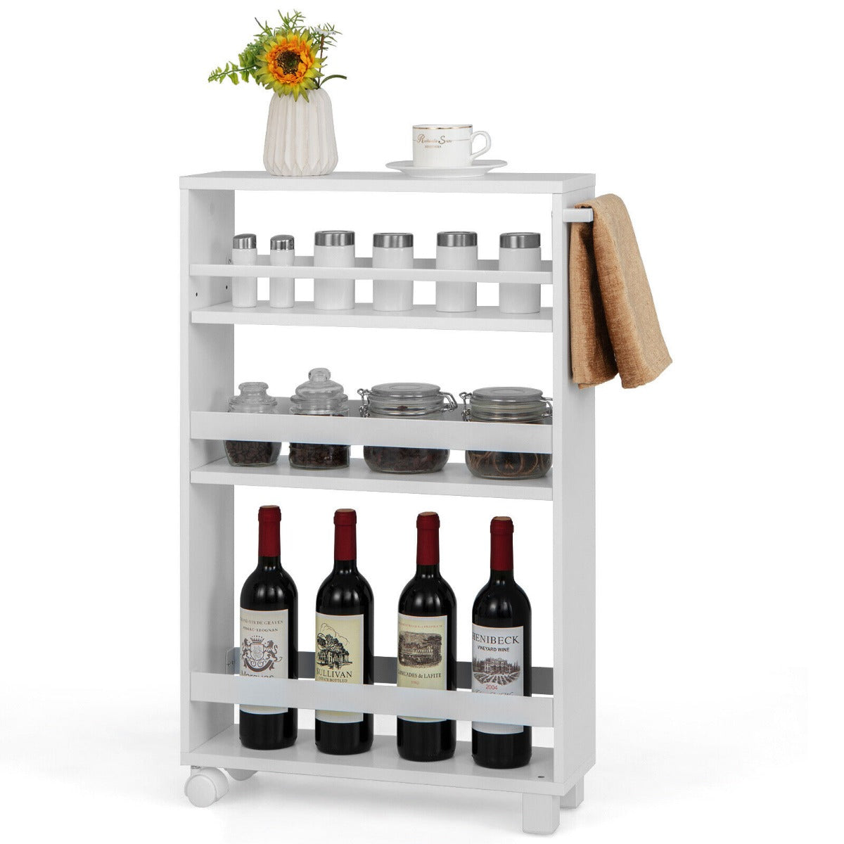 4-Tier Slim Rolling Storage Trolley with Handle and Adjustable Shelf-White