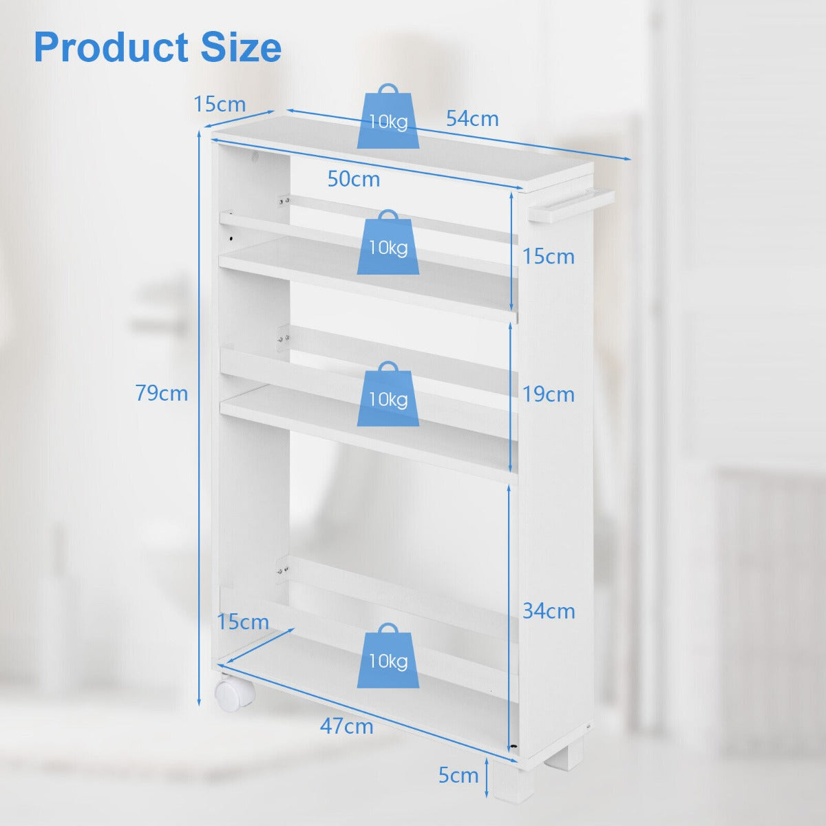 4-Tier Slim Rolling Storage Trolley with Handle and Adjustable Shelf-White