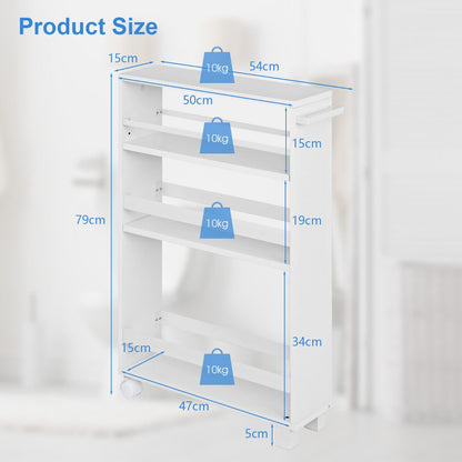 4-Tier Slim Rolling Storage Trolley with Handle and Adjustable Shelf-White