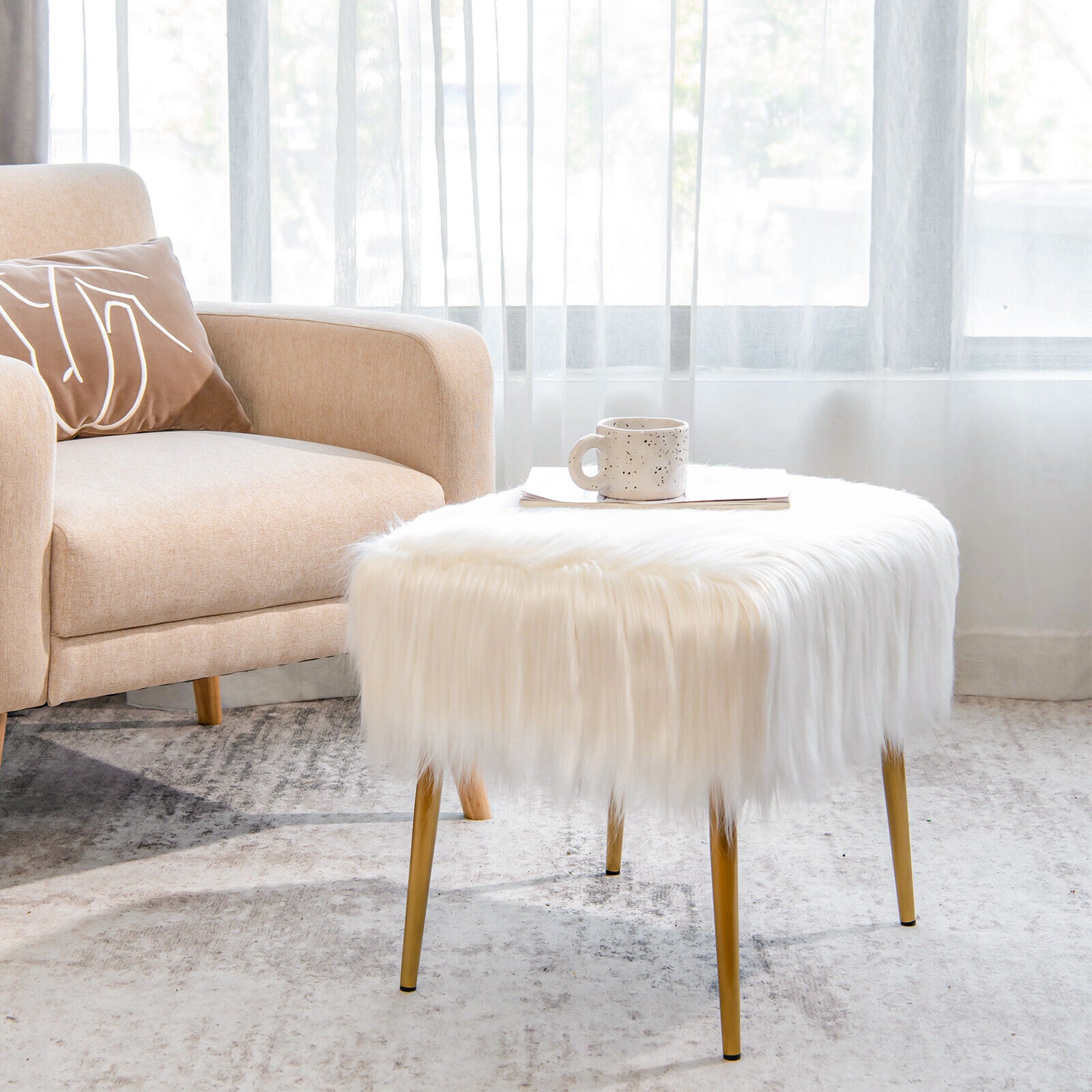 Furry Faux Fur Footstool with Golden Metal Legs-White