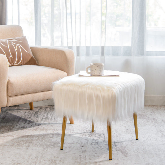 Furry Faux Fur Footstool with Golden Metal Legs-White