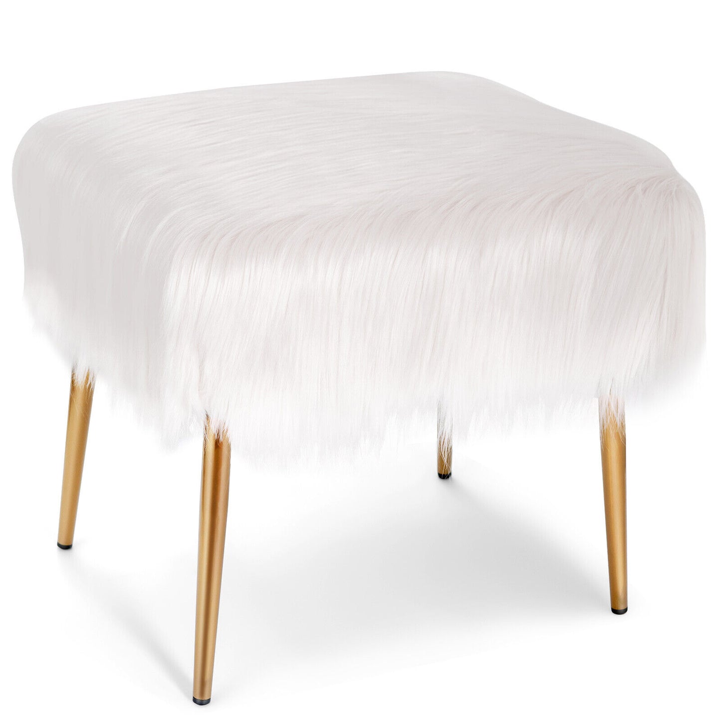 Furry Faux Fur Footstool with Golden Metal Legs-White
