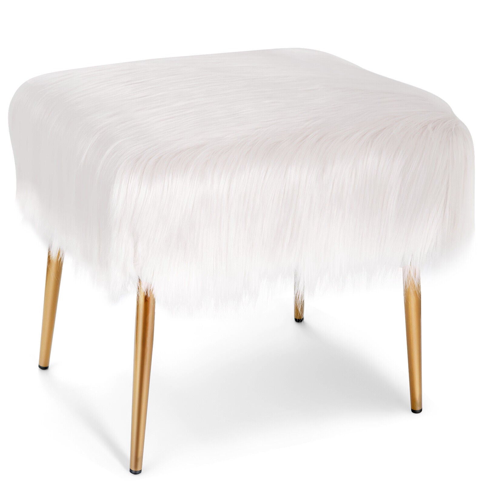 Furry Faux Fur Footstool with Golden Metal Legs-White