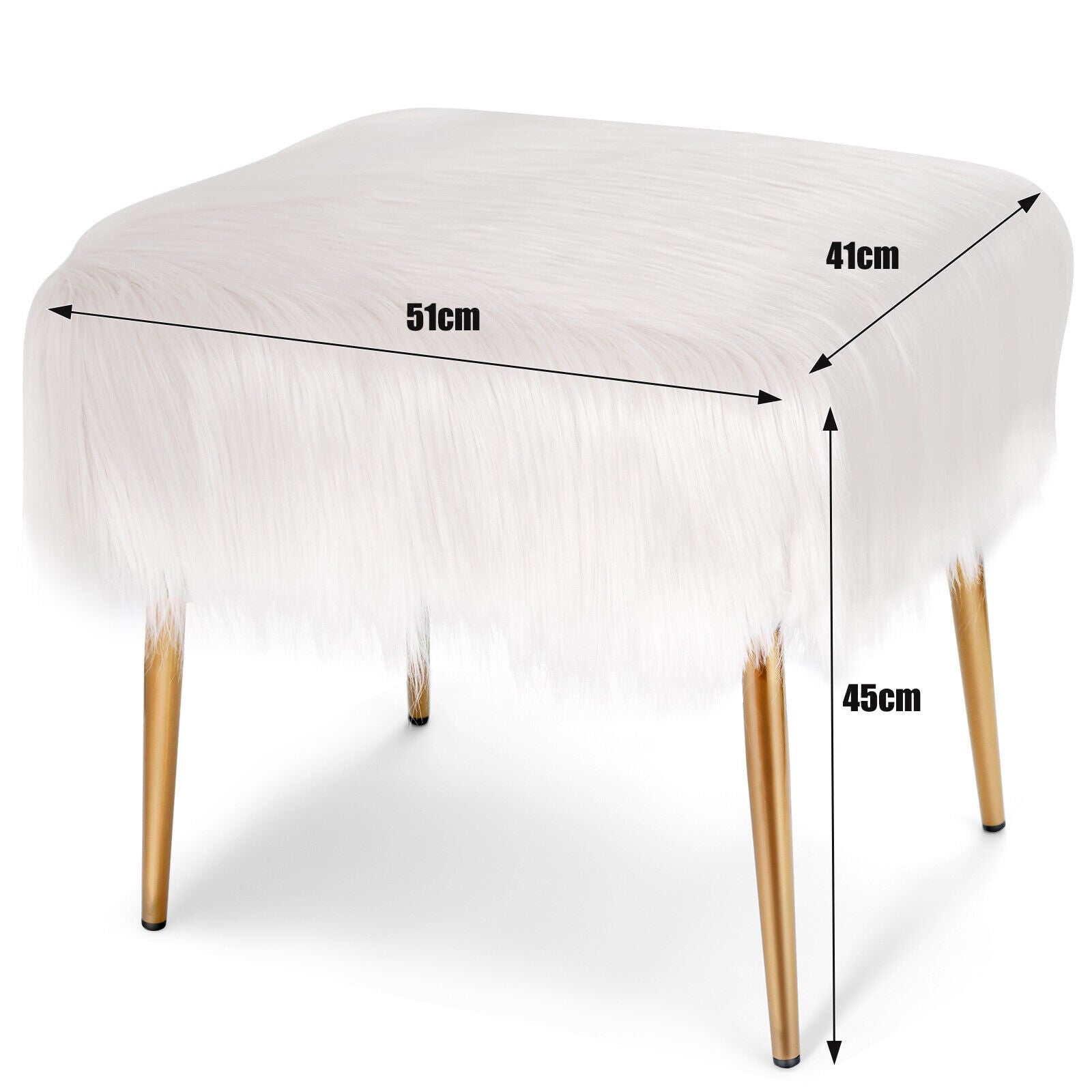 Furry Faux Fur Footstool with Golden Metal Legs-White