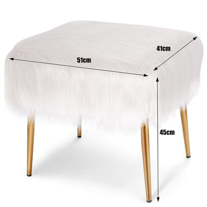 Furry Faux Fur Footstool with Golden Metal Legs-White