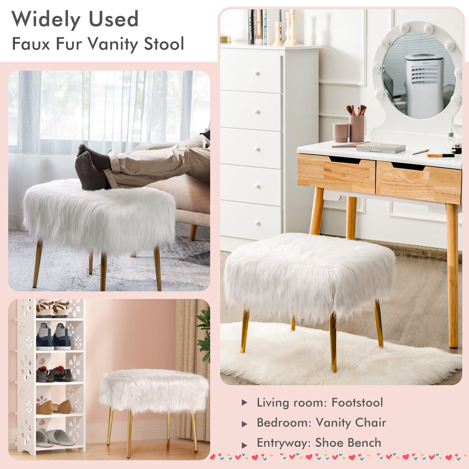 Furry Faux Fur Footstool with Golden Metal Legs-White