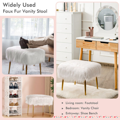 Furry Faux Fur Footstool with Golden Metal Legs-White