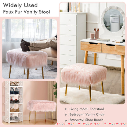 Furry Faux Fur Footstool with Golden Metal Legs-Pink