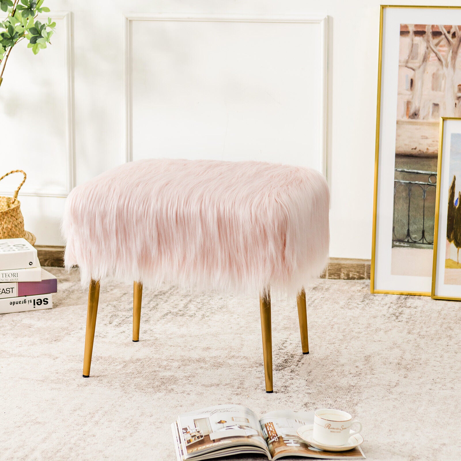 Furry Faux Fur Footstool with Golden Metal Legs-Pink