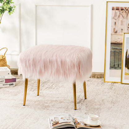 Furry Faux Fur Footstool with Golden Metal Legs-Pink
