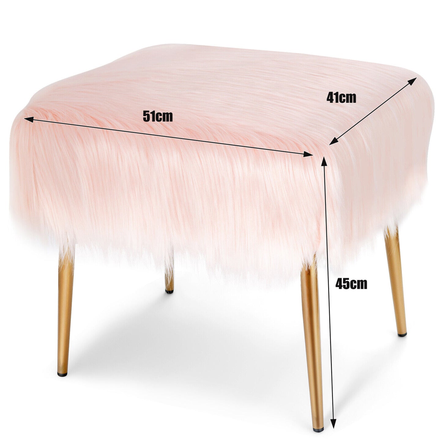 Furry Faux Fur Footstool with Golden Metal Legs-Pink