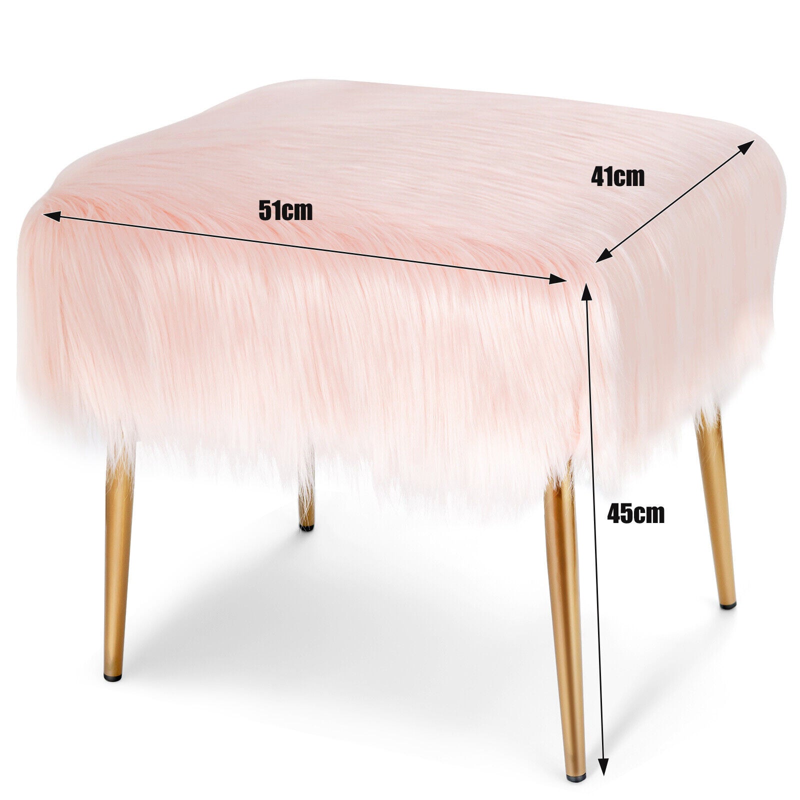 Furry Faux Fur Footstool with Golden Metal Legs-Pink