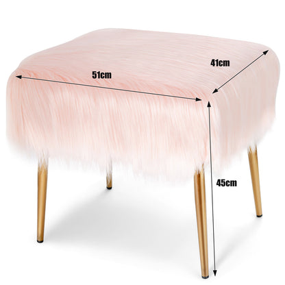Furry Faux Fur Footstool with Golden Metal Legs-Pink