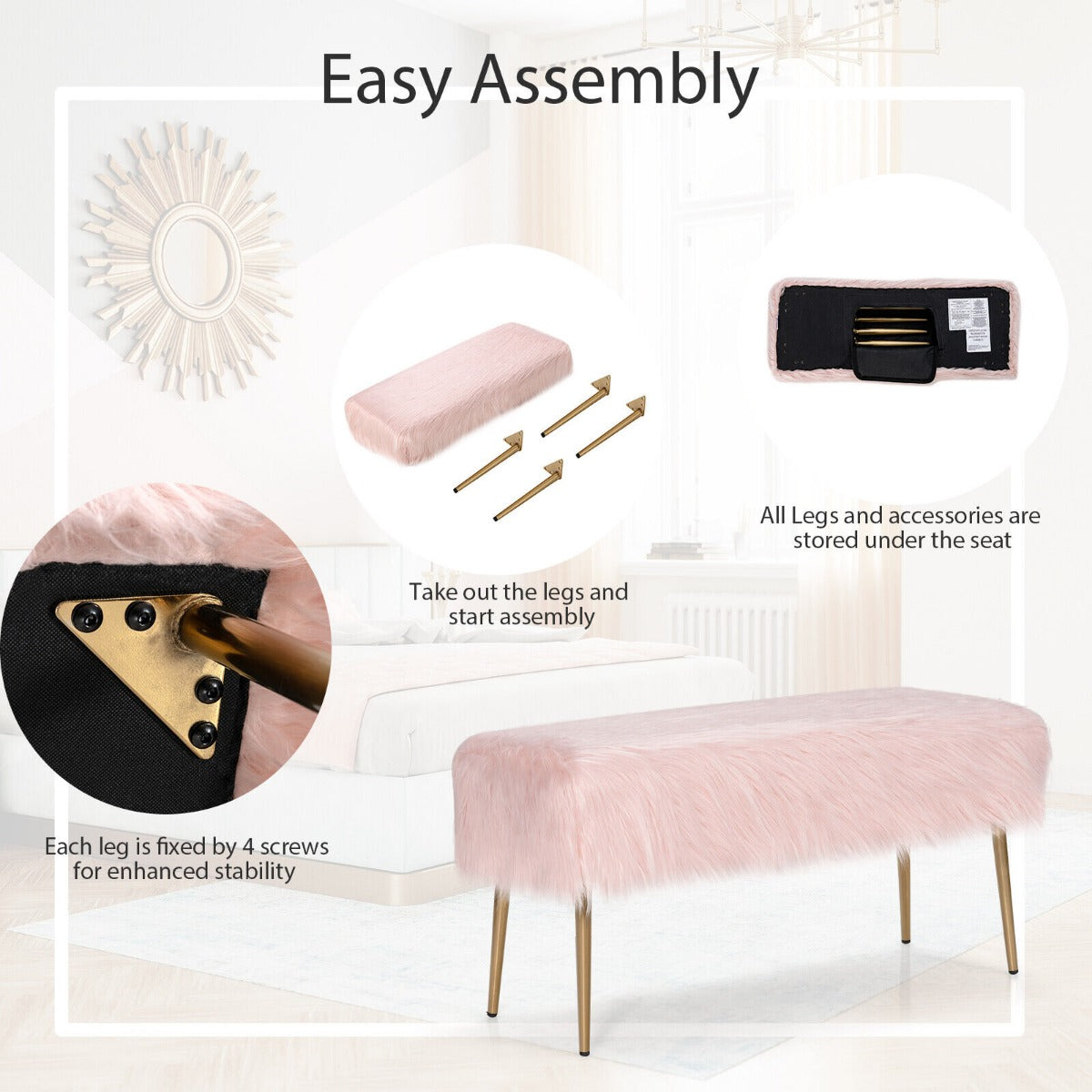 Rectangular Upholstered Furry Faux Fur Footrest with Golden Metal Legs-Pink