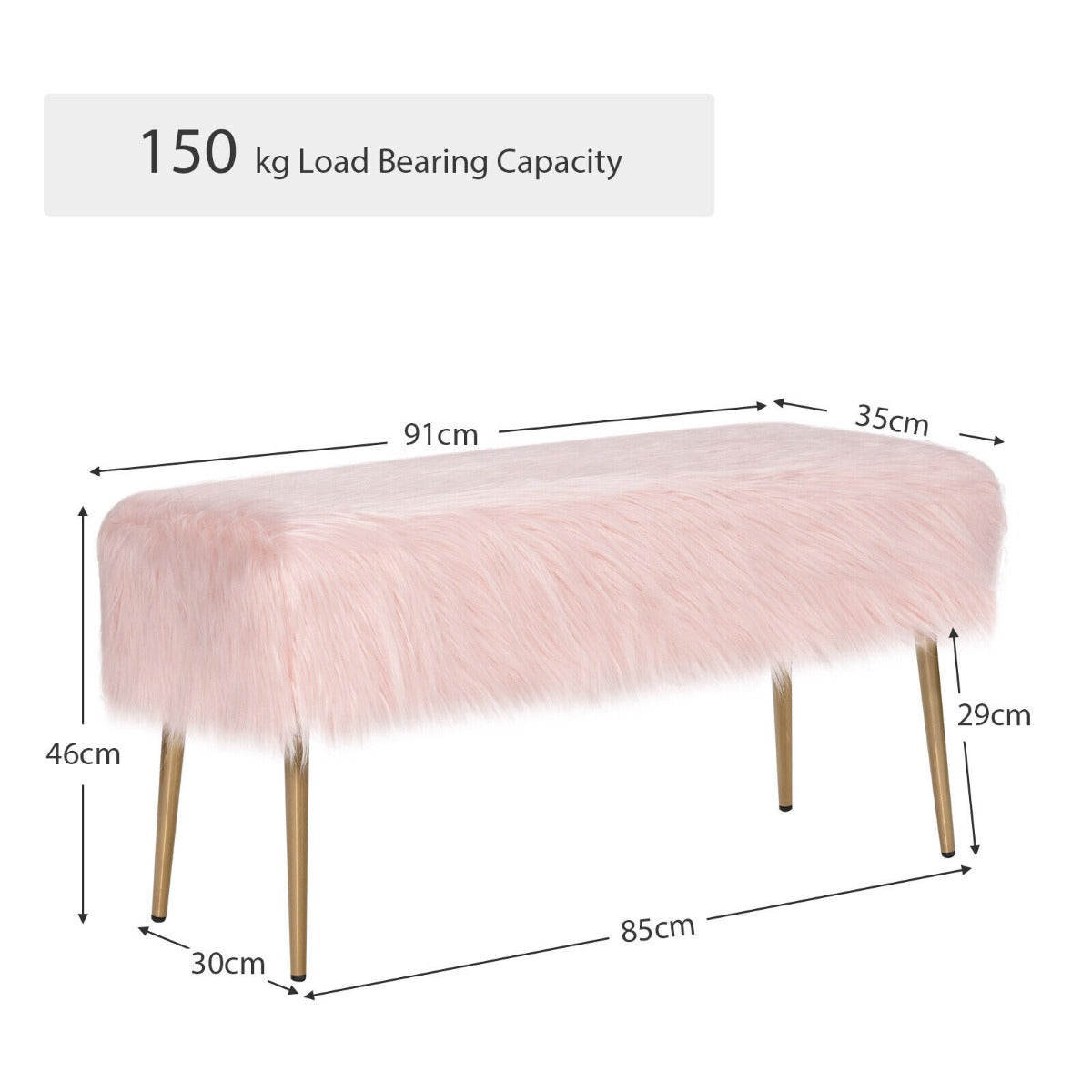 Rectangular Upholstered Furry Faux Fur Footrest with Golden Metal Legs-Pink