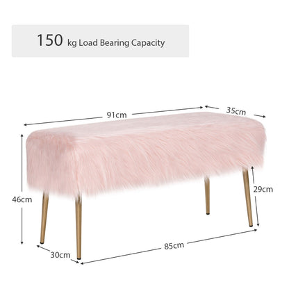 Rectangular Upholstered Furry Faux Fur Footrest with Golden Metal Legs-Pink