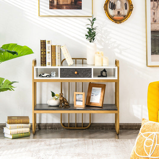 Faux Marble Console Table with Drawer Shelves and Compartments