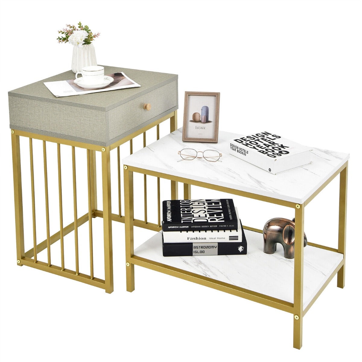 Set of 2 Modern Stackable Coffee Nesting Tables with Drawer Shelf-White &amp;amp; Golden
