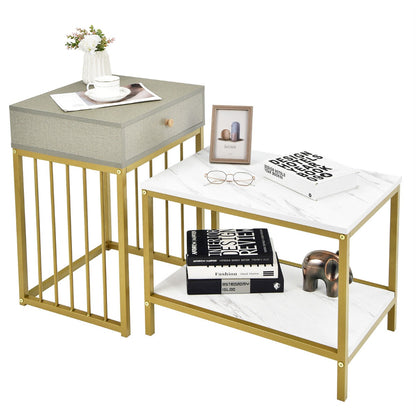 Set of 2 Modern Stackable Coffee Nesting Tables with Drawer Shelf-White &amp;amp; Golden
