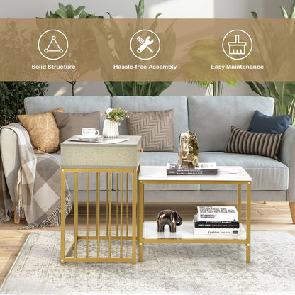 Set of 2 Modern Stackable Coffee Nesting Tables with Drawer Shelf-White &amp;amp; Golden