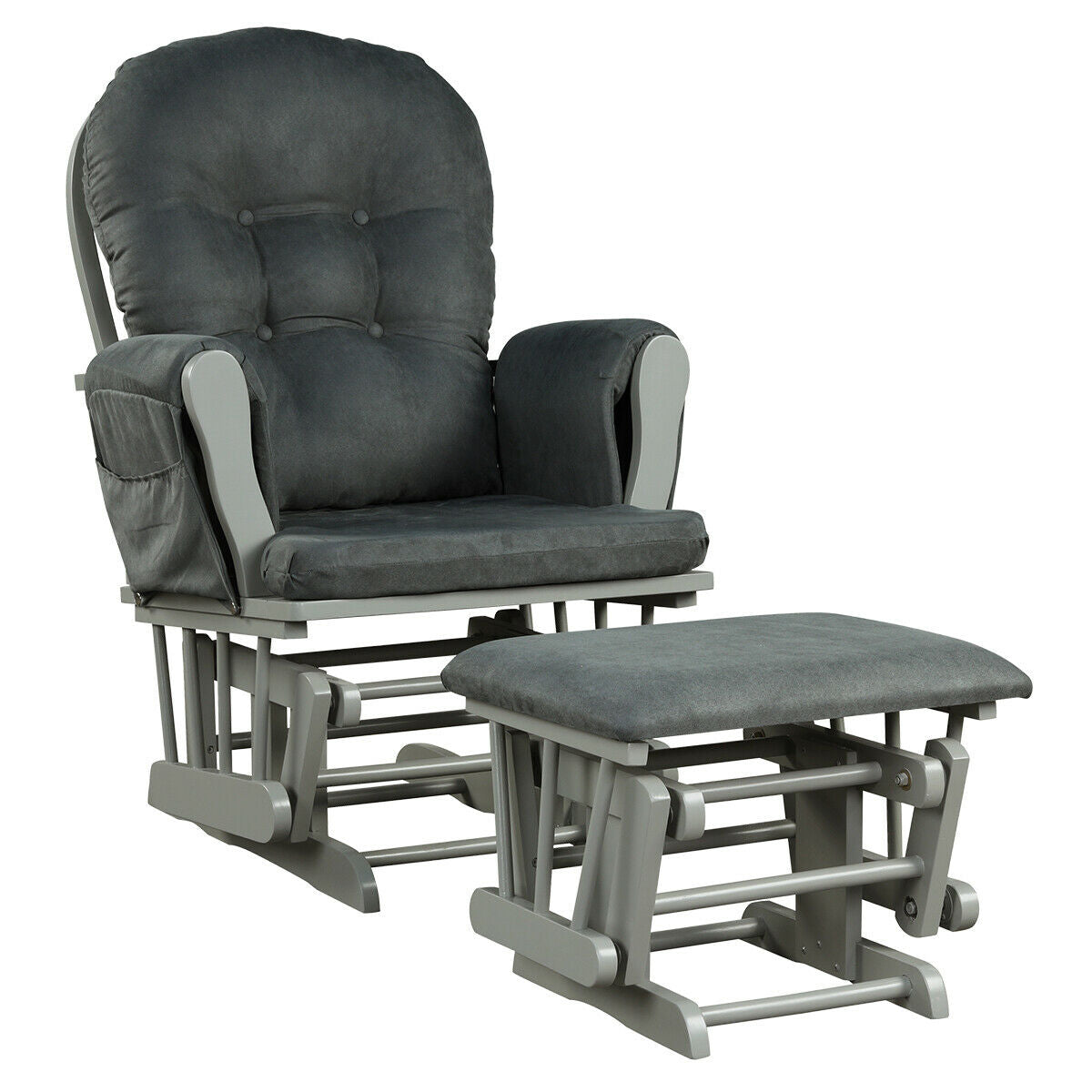 Wooden Glider Reclining Chair Padded Cushions with  Footstool -Grey