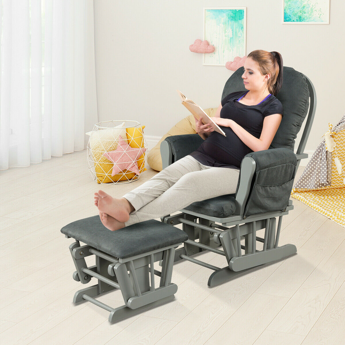 Wooden Glider Reclining Chair Padded Cushions with  Footstool -Grey